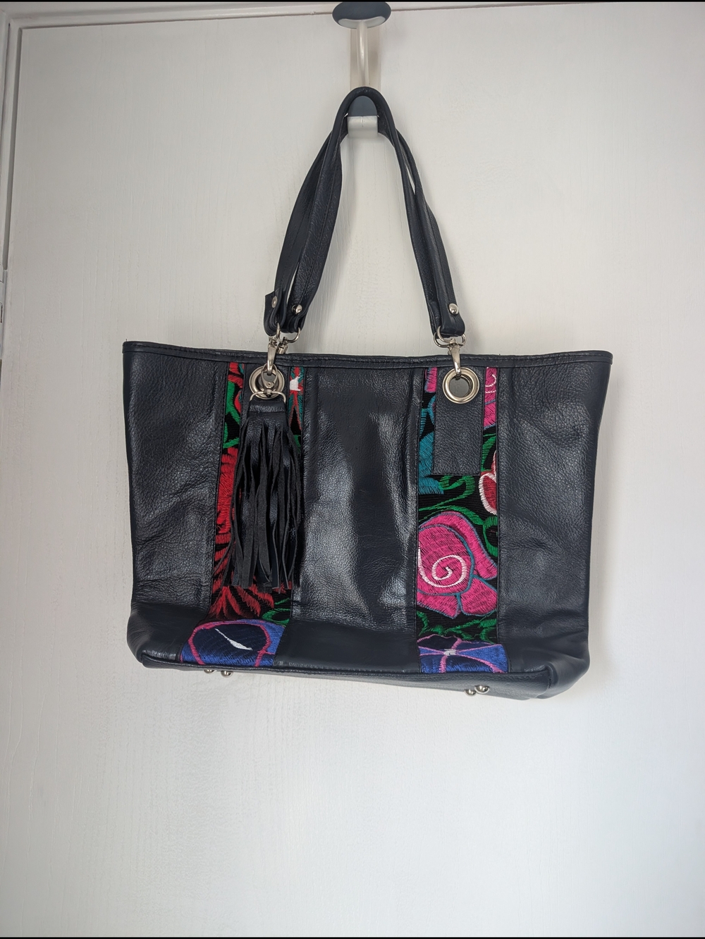 Blue Leather Tote with Colorful Embroidered Panels